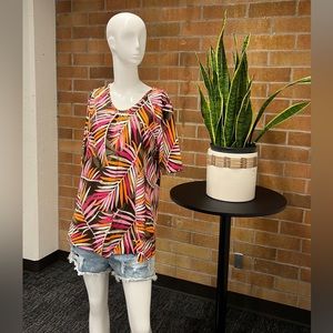 Colorful Palm Leaves Stretchy Pullover Top DENIM & COMPANY Size L